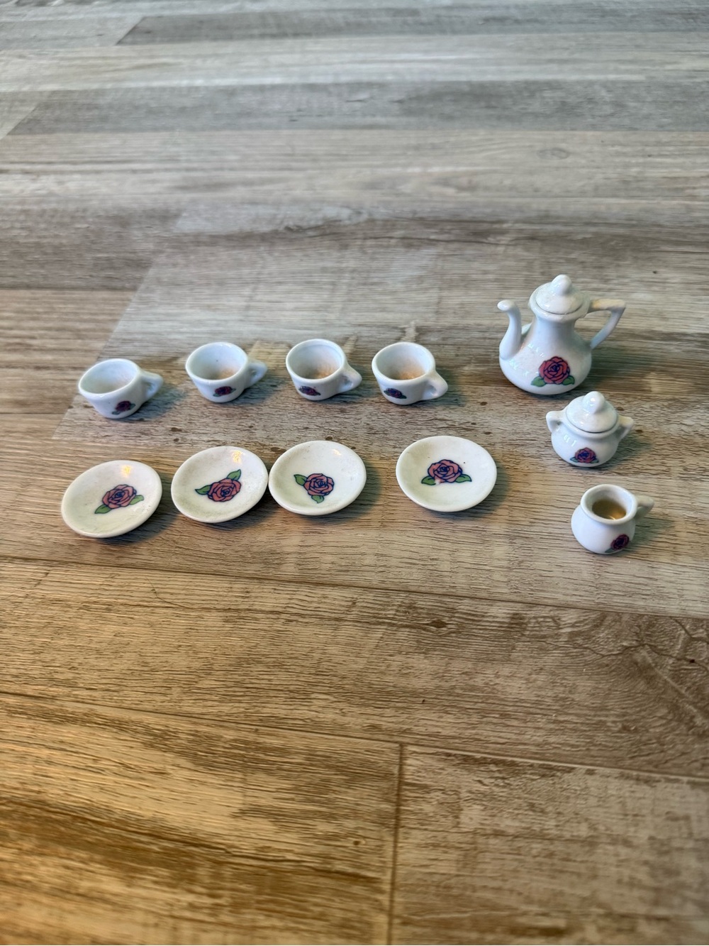 Miniature White Porcelain Tea Set with Pink Rose Accent